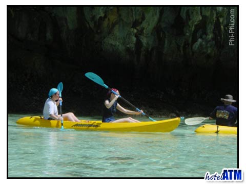 Three kayakers on Maya bay