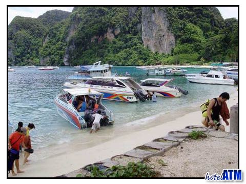 Speed Boats anchored on the beach of Phi Phi